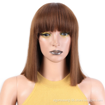 Wholesale Short Bob Wig With Bangs Brown Mix Blonde Cheap Bob Wig Heat Resistant Synthetic Straight Full Head Hair Wig For Women